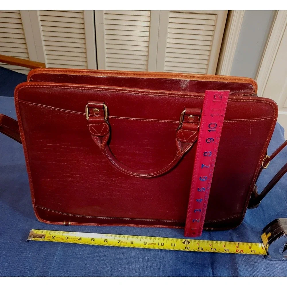 Cognac Brown Leather Briefcase‎ Lap Top Case Dbl Handle Shoulder Strap Vantaggio